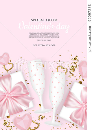 Happy Valentines Day. Realistic 3d design of festive objects gift box, heart, gold confetti. Holiday banner, web poster, flyer, stylish brochure, greeting card, Vector illustration 99097288