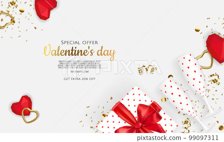 Valentine's Day design. Realistic gift boxes with champagne glass. Holiday banner, web poster, flyer, stylish brochure, greeting card, cover. romantic background 99097311