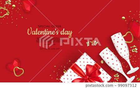 Valentine's Day design. Realistic gift boxes with champagne glass. Holiday banner, web poster, flyer, stylish brochure, greeting card, cover. romantic background 99097312