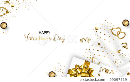 Valentine's Day design. Realistic gift boxes with champagne glass. Holiday banner, web poster, flyer, stylish brochure, greeting card, cover. romantic background Valentine's Day design. Realistic gift boxes with champagne glass. Holiday banner, web poster, flyer, stylish brochure, greeting card, cover. romantic background 99097319