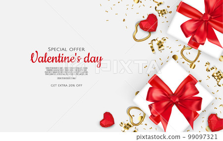 Happy Valentines Day. Realistic 3d design of festive objects gift box, heart, gold confetti. Holiday banner, web poster, flyer, stylish brochure, greeting card, Vector illustration 99097321