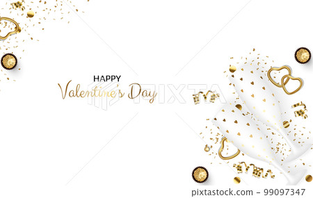 Greeting vector card for Valentine s Day with heart, gift, champagne glasses, confetti, sweets. 99097347
