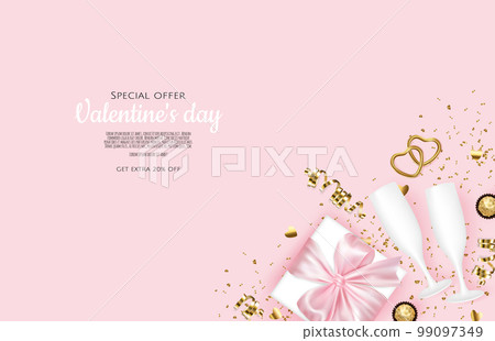 Valentine s day, February 14. Vector illustrations of love, heart, gift, champagne glasses, confetti sweets. Drawings for postcard, card, congratulations and poster. Valentine s day, February 14. Vector illustrations of love, heart, gift, champagne glasses, confetti sweets. Drawings for postcard, card, congratulations and poster. 99097349