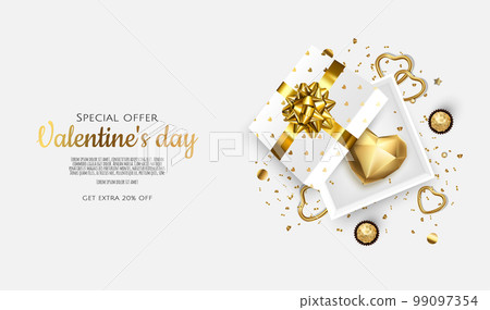 Valentine s day sale background with 3d heart and gift box. Vector background for poster, banners, flyers, card. Valentine s day sale background with 3d heart and gift box. Vector background for poster, banners, flyers, card. 99097354