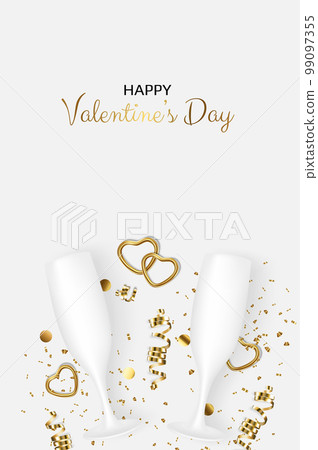 Greeting vector card for Valentine s Day with heart, gift, champagne glasses, confetti, sweets. Greeting vector card for Valentine s Day with heart, gift, champagne glasses, confetti, sweets. 99097355