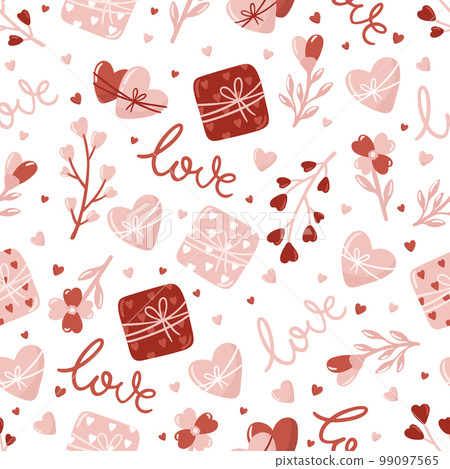 Valentine s Day seamless pattern with hand drawn elements on bright background. Flower, letter, coffee. Background for gift wrapping or fabric design. Valentine s Day seamless pattern with hand drawn elements on bright background. Flower, letter, coffee. Background for gift wrapping or fabric design. 99097565