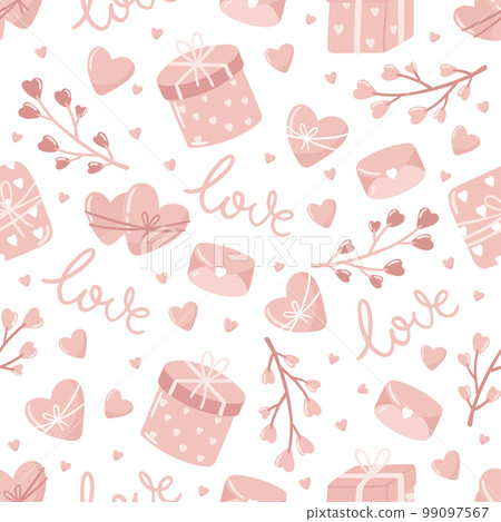 Valentine s day. love concept cute vector illustration seamless pattern with hearts, love, flowers, envelope, arrows, cup of coffee and cupcakes. Valentine s day. love concept cute vector illustration seamless pattern with hearts, love, flowers, envelope, arrows, cup of coffee and cupcakes. 99097567