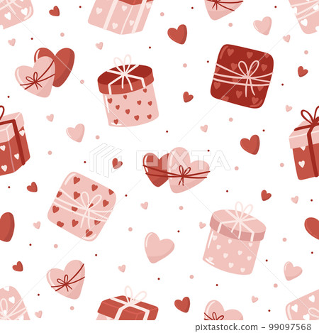 Valentine s Day seamless pattern with hand drawn elements on bright background. Flower, letter, coffee. Background for gift wrapping or fabric design. Valentine s Day seamless pattern with hand drawn elements on bright background. Flower, letter, coffee. Background for gift wrapping or fabric design. 99097568