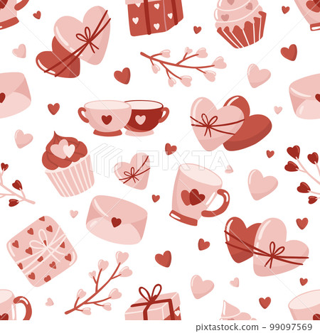 Valentine s day. love concept cute vector illustration seamless pattern with hearts, love, flowers, envelope, arrows, cup of coffee and cupcakes. Valentine s day. love concept cute vector illustration seamless pattern with hearts, love, flowers, envelope, arrows, cup of coffee and cupcakes. 99097569