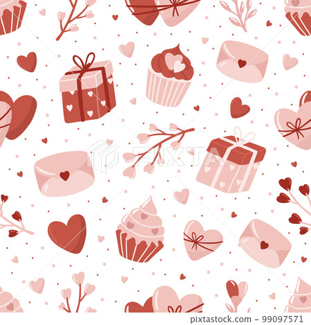 Valentine s Day seamless pattern with hand drawn elements on bright background. Flower, letter, coffee. Background for gift wrapping or fabric design. 99097571