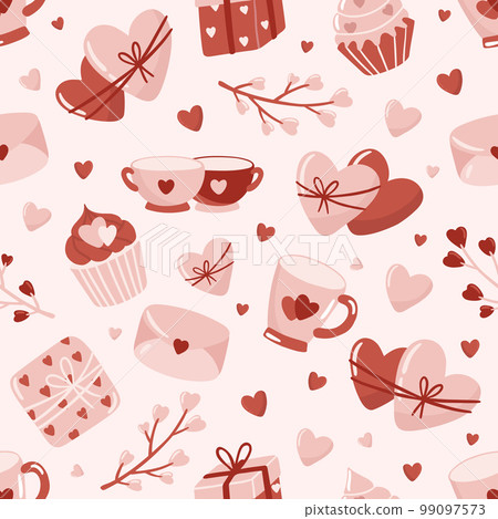 Valentine s day. love concept cute vector illustration seamless pattern with hearts, love, flowers, envelope, arrows, cup of coffee and cupcakes. Valentine s day. love concept cute vector illustration seamless pattern with hearts, love, flowers, envelope, arrows, cup of coffee and cupcakes. 99097573