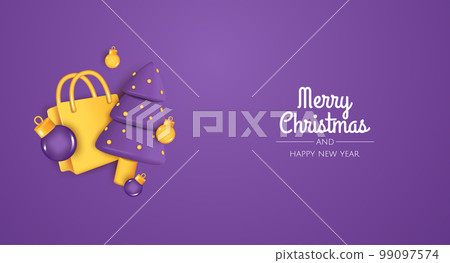 Merry Christmas and Happy New Year. Xmas Festive background with realistic 3d balls and chrisrmas tree. 99097574