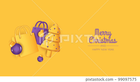Happy New Year and Merry Christmas. Christmas holiday background with realistic 3d object, christmas balls, conical christmasl tree. Levitation falling design composition Happy New Year and Merry Christmas. Christmas holiday background with realistic 3d object, christmas balls, conical christmasl tree. Levitation falling design composition 99097575