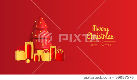 Merry Christmas and Happy New Year. Christmas background design, Christmas trees, decorative balls, gift. Festive gift card, holiday poster, web banner, website header. 99097576