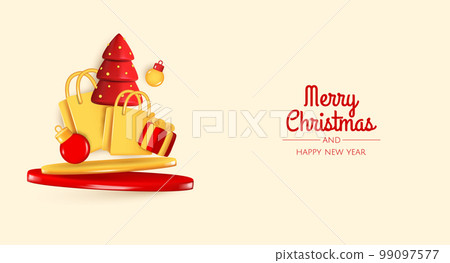 Happy New Year and Merry Christmas. Christmas holiday background with realistic 3d object, christmas balls, conical christmasl tree. Levitation falling design composition Happy New Year and Merry Christmas. Christmas holiday background with realistic 3d object, christmas balls, conical christmasl tree. Levitation falling design composition 99097577