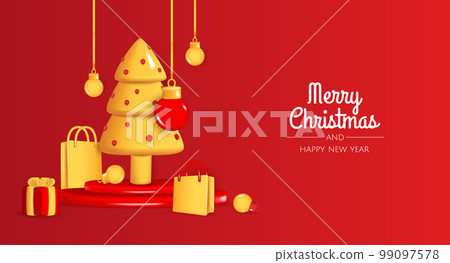 Christmas and New Year festive red background with round podium with realistic 3d balls, christmas trees, gift box, paper bag. Xmas winter composition. Banner and web poster, cover, brochure 99097578