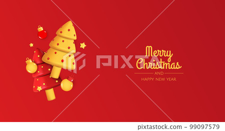 Christmas bright trees. Happy New Year and Merry Christmas. Realistic 3d design of objects, snowflakes,christmas ball. Vector illustration Christmas bright trees. Happy New Year and Merry Christmas. Realistic 3d design of objects, snowflakes,christmas ball. Vector illustration 99097579