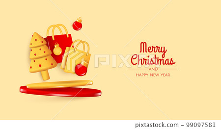 Christmas and New Year festive red background with round podium with realistic 3d balls, christmas trees, gift box, paper bag. Xmas winter composition. Banner and web poster, cover, brochure Christmas and New Year festive red background with round podium with realistic 3d balls, christmas trees, gift box, paper bag. Xmas winter composition. Banner and web poster, cover, brochure 99097581