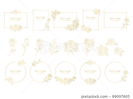 玫瑰花裝飾框,插圖素材作為設計元素,玫瑰花插圖,白色背景上的金色線條畫。 玫瑰花裝飾框,插圖素材作為設計元素,玫瑰花插圖,白色背景上的金色線條畫。 99097605