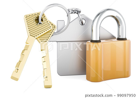 Home key with keychain with padlock, 3D rendering 99097950