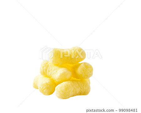 Bunch of crunchy corn snacks isolated on white background. 99098481