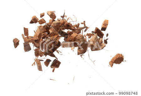 Coconut peel husk flying explosion, coconut chopped big L size abstract cloud fly. Coconut shell peel fertilizer splash throwing in Air. White background Isolated high speed shutter, freeze action Coconut peel husk flying explosion, coconut chopped big L size abstract cloud fly. Coconut shell peel fertilizer splash throwing in Air. White background Isolated high speed shutter, freeze action 99098748