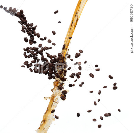 Coffee drink water mix bean seed fall pouring down form line of espresso black coffee splashes drop roasted coffee bean attack fluttering in air, stop motion freeze. Splash water drink seed texture Coffee drink water mix bean seed fall pouring down form line of espresso black coffee splashes drop roasted coffee bean attack fluttering in air, stop motion freeze. Splash water drink seed texture 99098750