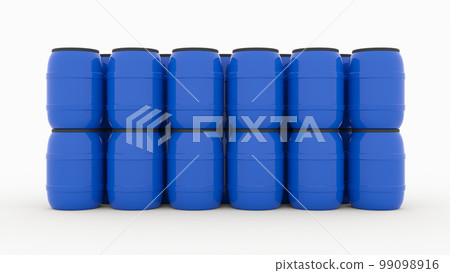 blue plastic water barrels in rows on white background 3d render 99098916
