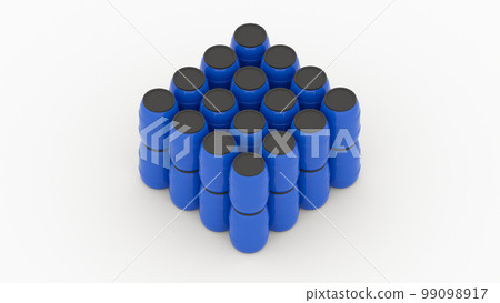 blue plastic water barrels in rows on white background isometric 3d render 99098917