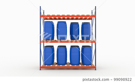 blue plastic water barrels on warehouse shelving storage on white background 3d render 99098922