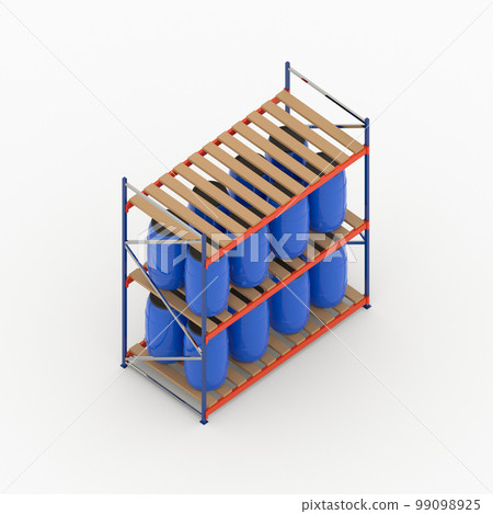 blue plastic water barrels on warehouse shelving storage on white background isometric 3d render blue plastic water barrels on warehouse shelving storage on white background isometric 3d render 99098925