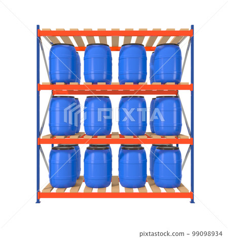 blue plastic water barrels on warehouse shelving storage on white background 3d rendering 99098934