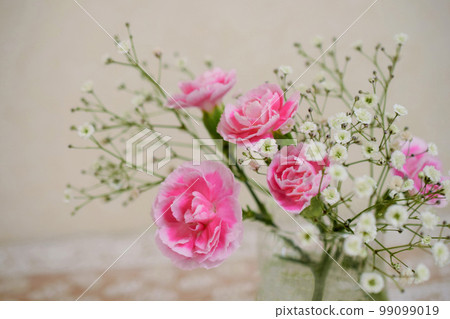 Pink carnations and gypsophila in a vase, interior 99099019