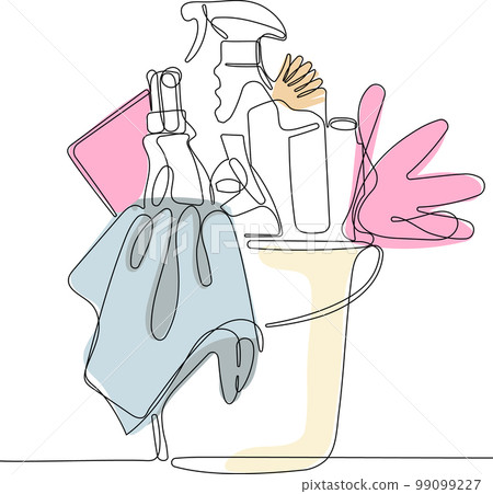 Continuous one line drawing of bottles for liquid laundry detergent, bleach, fabric softener, dishwashing liquid or another cleaning agent. Easy to place your text and brand logo. Vector illustration Continuous one line drawing of bottles for liquid laundry detergent, bleach, fabric softener, dishwashing liquid or another cleaning agent. Easy to place your text and brand logo. Vector illustration 99099227