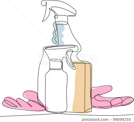 Continuous one line drawing of bottles for liquid laundry detergent, bleach, fabric softener, dishwashing liquid or another cleaning agent. Easy to place your text and brand logo. Vector illustration Continuous one line drawing of bottles for liquid laundry detergent, bleach, fabric softener, dishwashing liquid or another cleaning agent. Easy to place your text and brand logo. Vector illustration 99099250