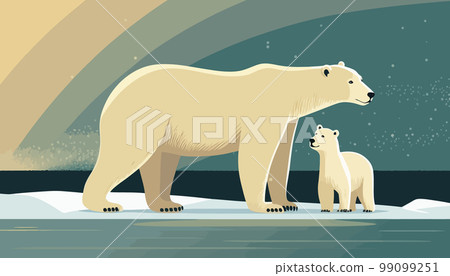 The white bear and her cub bear walks through the snow. Mother and child. The glacier, snow-covered plains. Starry night in the North. Landscapes of the Arctic. Vector illustration The white bear and her cub bear walks through the snow. Mother and child. The glacier, snow-covered plains. Starry night in the North. Landscapes of the Arctic. Vector illustration 99099251