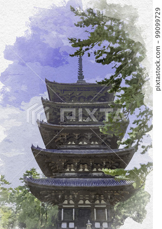 Watercolor-style Kofuku-ji five-storied pagoda, Nara City, Nara Prefecture Watercolor-style Kofuku-ji five-storied pagoda, Nara City, Nara Prefecture 99099729