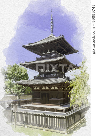 水彩風格的興福寺三層寶塔，奈良縣奈良市 99099743