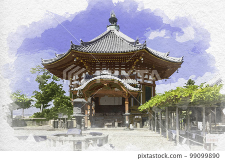 奈良縣奈良市水彩風格的興福寺七年堂 99099890