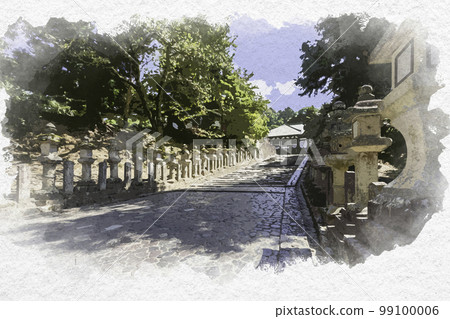 奈良縣奈良市水彩畫風格的東大寺Sangatsudo斜坡 99100006