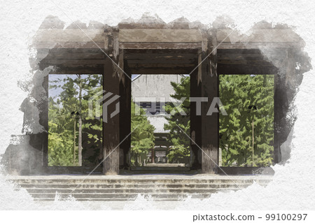 從奈良縣奈良市南大門看到的水彩風格的東大寺、中央門和大佛殿 從奈良縣奈良市南大門看到的水彩風格的東大寺、中央門和大佛殿 99100297