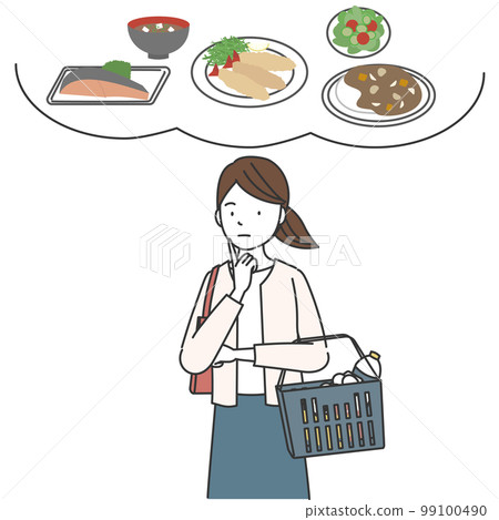 A woman holding a shopping basket and thinking about a meal menu A woman holding a shopping basket and thinking about a meal menu 99100490