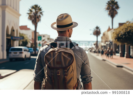 Man backpacker travel sightseeing city around the world on vacation. 99100818