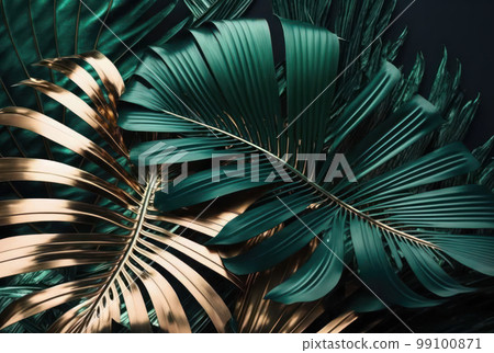 Bold metallic tone color of tropical monstera and palm leaf background. 99100871
