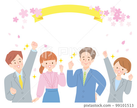 Background of cherry blossoms with multiple businessmen doing guts pose with a smile Background of cherry blossoms with multiple businessmen doing guts pose with a smile 99101513