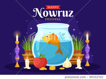 Happy Nowruz Day or Iranian New Year Illustration with Grass Semeni and Fish for Web Banner or Landing Page in Flat Cartoon Hand Drawn Templates Happy Nowruz Day or Iranian New Year Illustration with Grass Semeni and Fish for Web Banner or Landing Page in Flat Cartoon Hand Drawn Templates 99102582