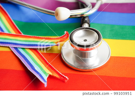 LGBT symbol, Stethoscope with rainbow ribbon, rights and gender equality, LGBT Pride Month in June. LGBT symbol, Stethoscope with rainbow ribbon, rights and gender equality, LGBT Pride Month in June. 99103951
