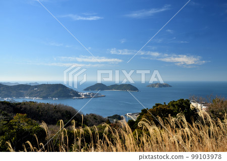 從高津山眺望大崎濱的地島（左）和沖之島（右）[和歌山縣海南市下津町] 99103978