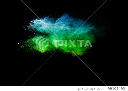 Launched blue green color powder explosion on black background. Launched blue green color powder explosion on black background. 99105493
