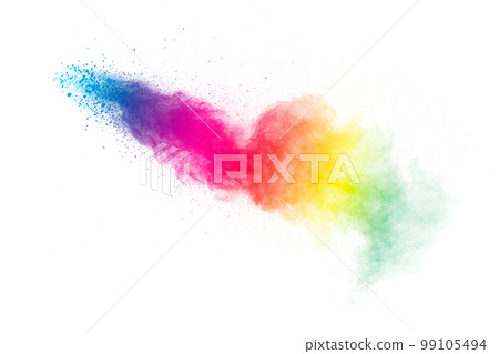 Pastel color dust particles splash.Colorful powder explosion on white background. 99105494